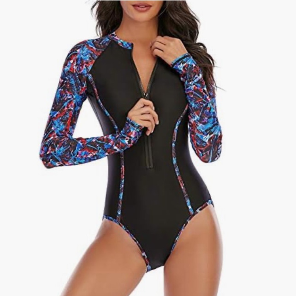 Amazon Black and Red One Piece Swimsuit with Long Sleeves